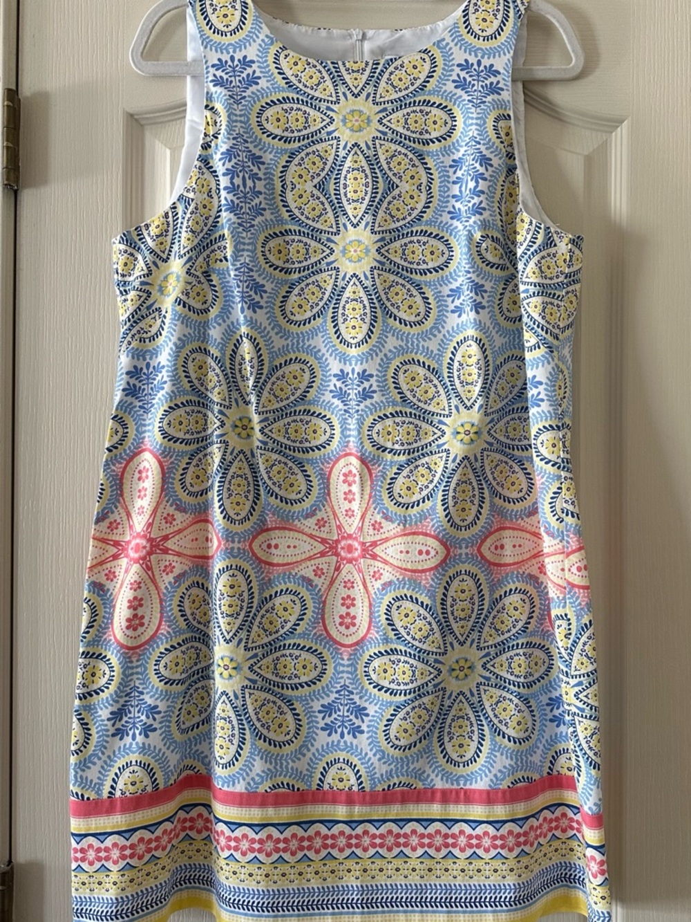 London Times Sleeveless Floral Shift Dress in Blue, Yellow, Pink